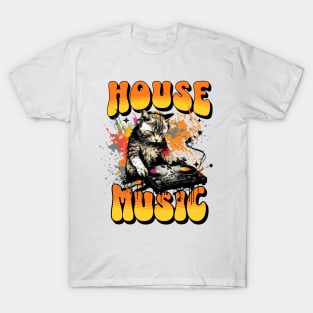 HOUSE MUSIC  - Feline Dj On Decks 3 (Black/Orange) T-Shirt